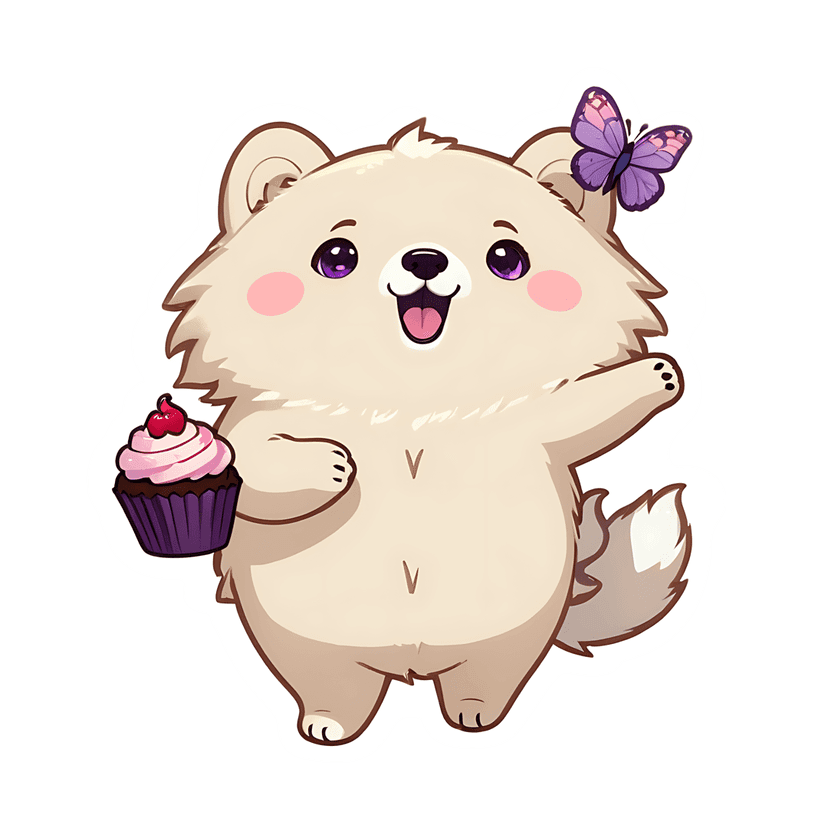 Cream bear sticker holding purple cupcake with pink frosting and butterfly on head against white background.