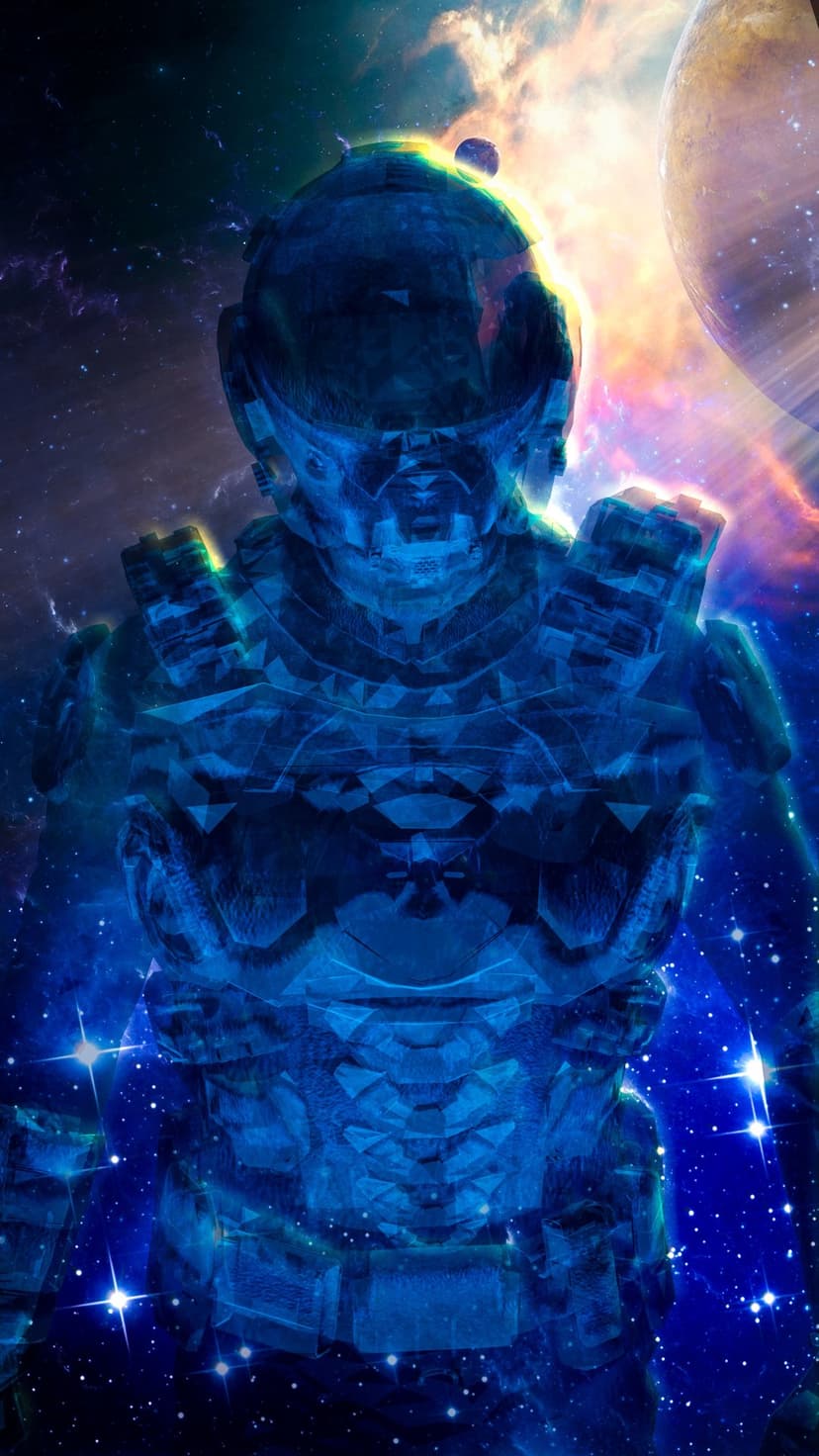 Translucent blue astronaut suit floating amidst swirling purple and orange nebulae with a distant round planet.