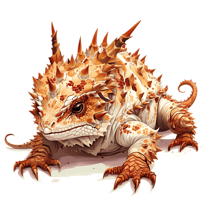 Detailed horned lizard digital illustration showing sharp scales and prominent horns in a warm desert setting.