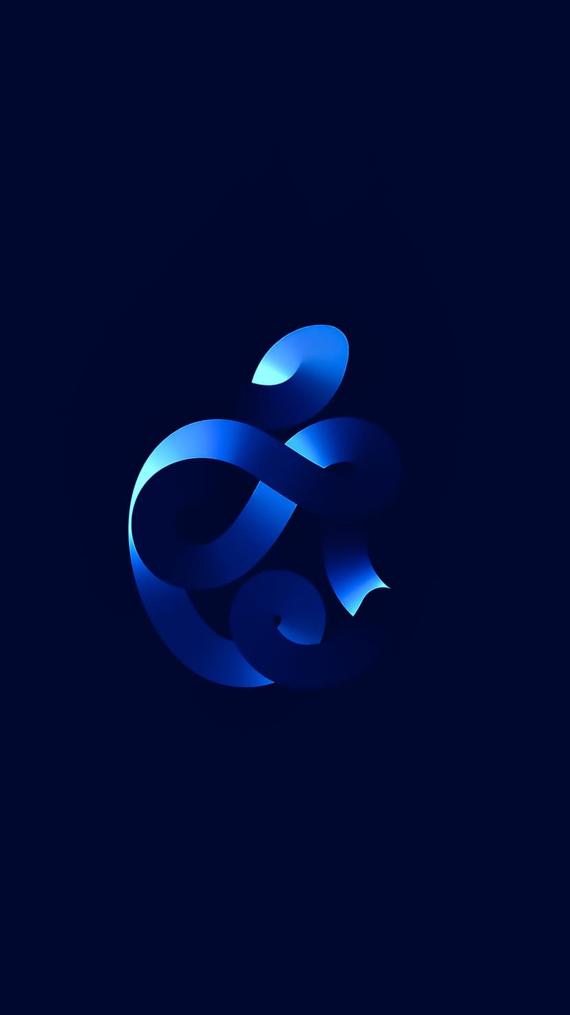 Apple logo shaped from a glowing blue 3D ribbon with metallic highlights set against a dark navy background.