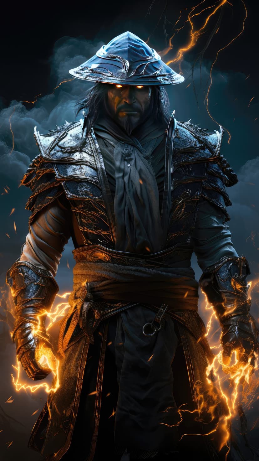 Scorpion wearing a conical hat summons orange flames from his hands against a dark blue stormy sky with lightning.