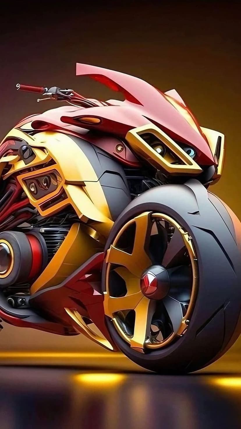 Red and gold futuristic motorcycle showing a sculpted fairing and a large gold wheel with intricate machinery.