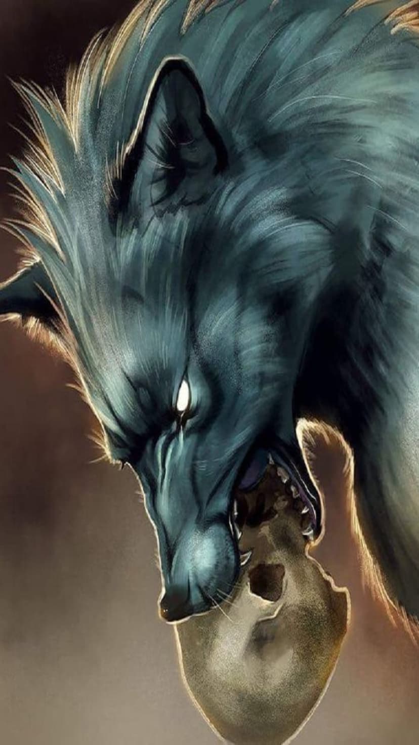 Dark-furred wolf with glowing white eyes aggressively biting a human skull against a shadowy background.
