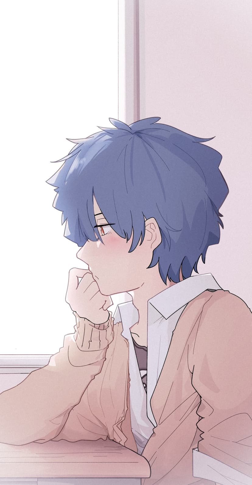 Blue-haired boy resting his chin on his hand while looking out a window against a soft pink background.