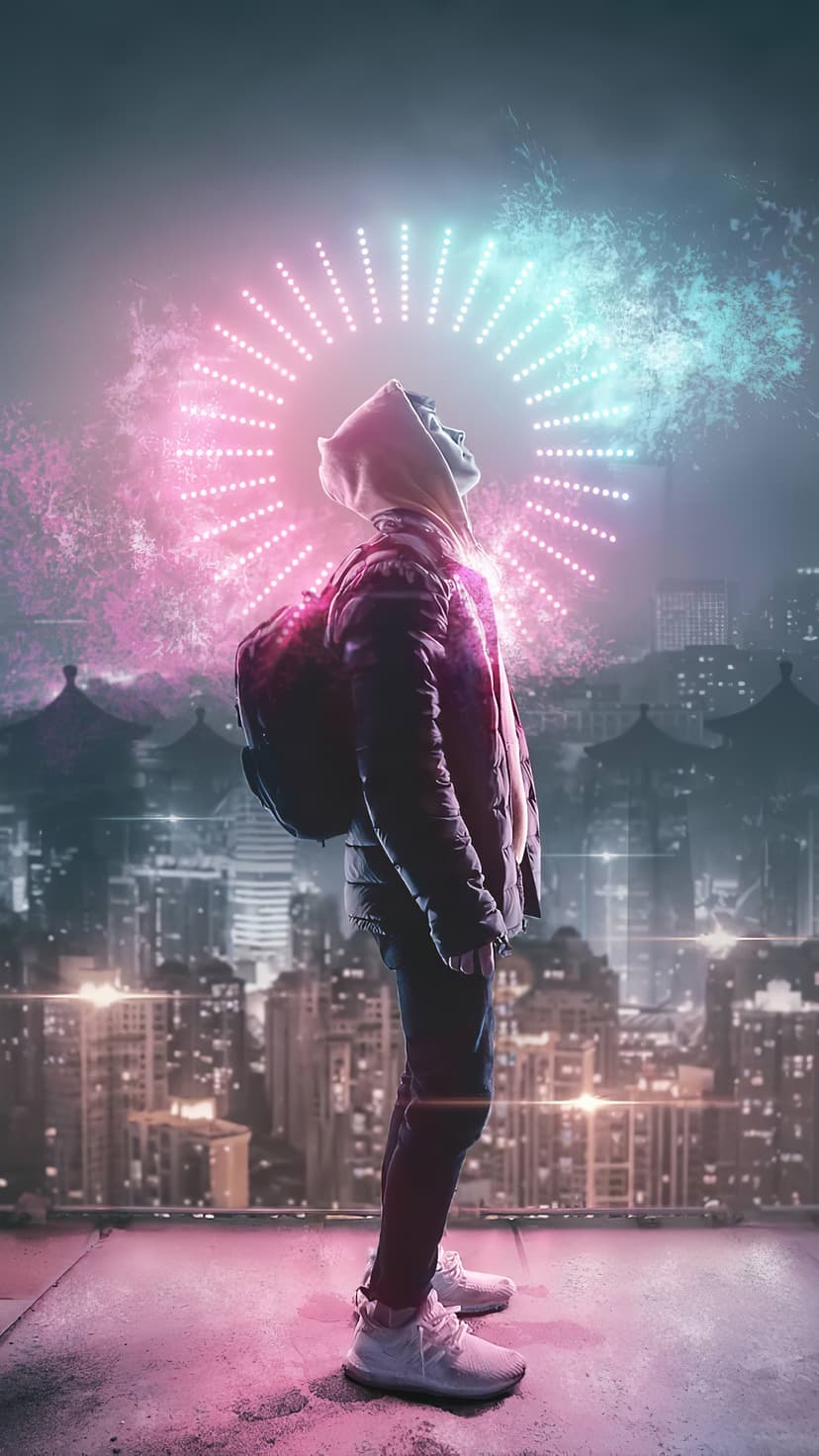 Silhouette of a person standing inside a glowing pink and blue neon ring overlooking a night city skyline.