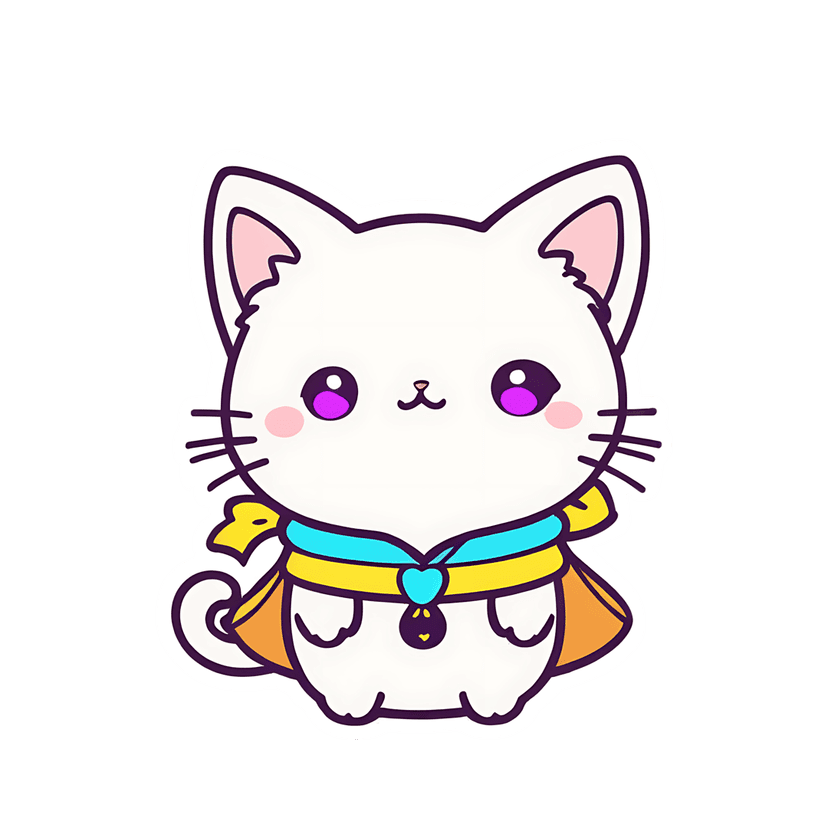 White kitten sticker wearing an orange cape and blue heart collar with large purple eyes in a flat vector style.