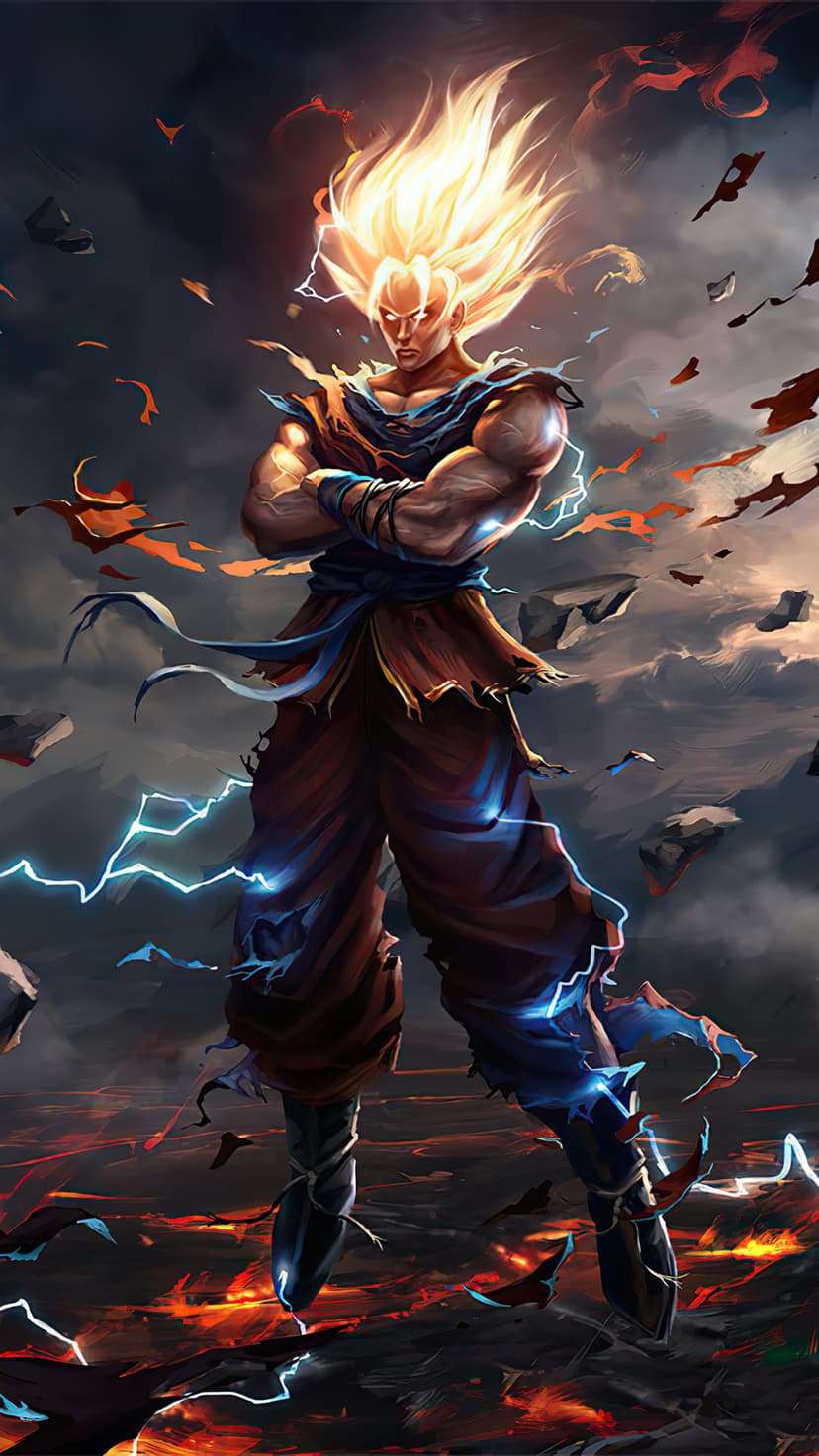 Goku in Super Saiyan form stands amidst lava with golden energy and lightning arcs around his tattered clothes.