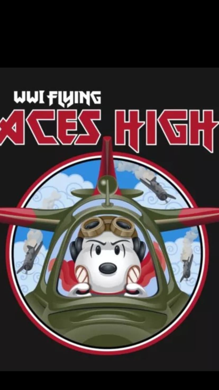 Anthropomorphic dog wearing flight goggles pilots a vintage biplane amid an aerial battle in a cloudy blue sky.