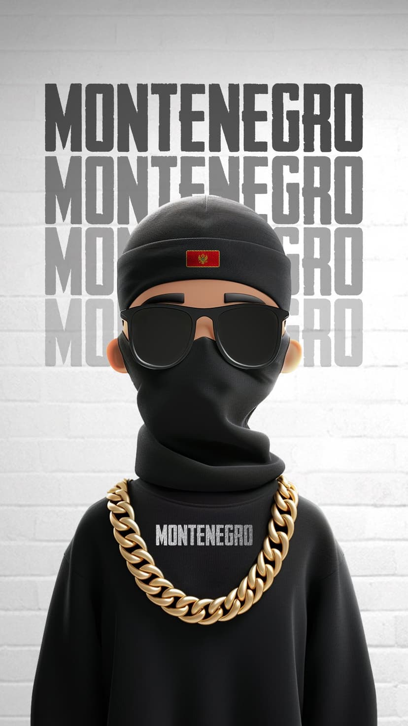Man wearing a Montenegro hoodie, flag beanie, and gold chain stands against a brick wall with repeated text.