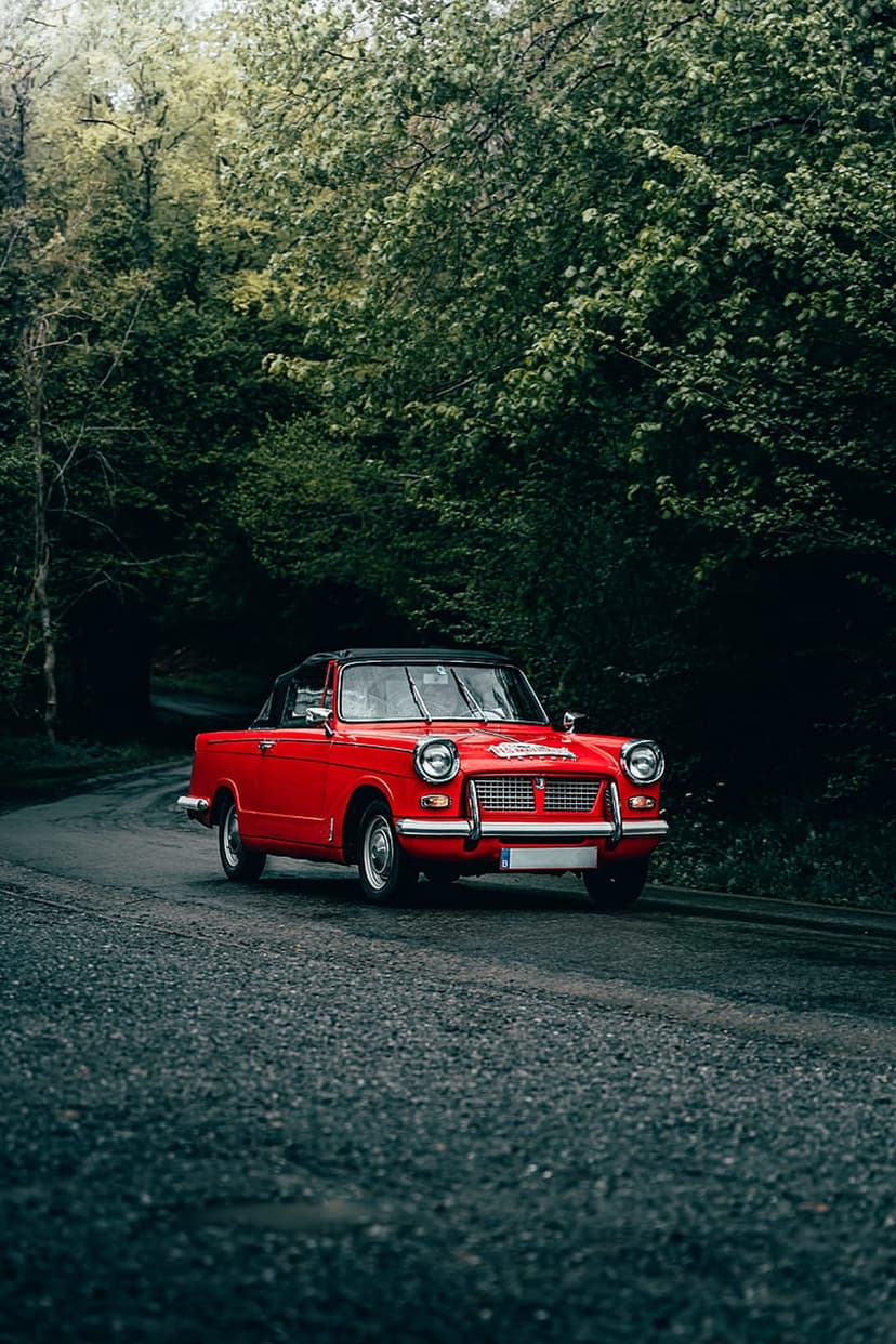 Red vintage convertible car driving on a winding asphalt road through a dense forest with tall green trees.