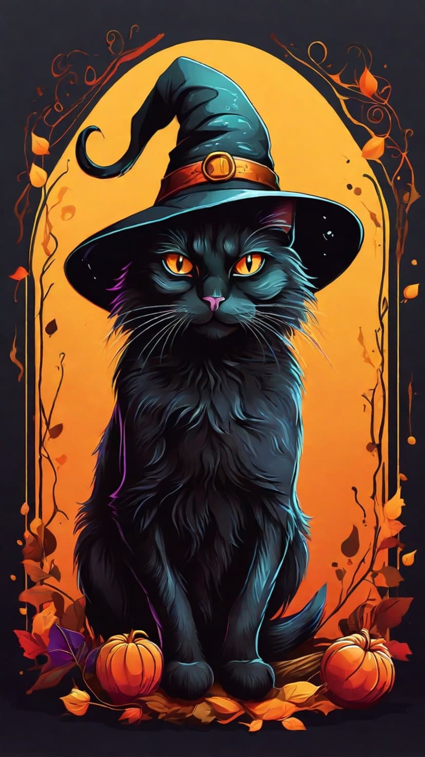 Black cat in a witch hat rests among orange pumpkins and autumn leaves with glowing eyes in a dark setting.