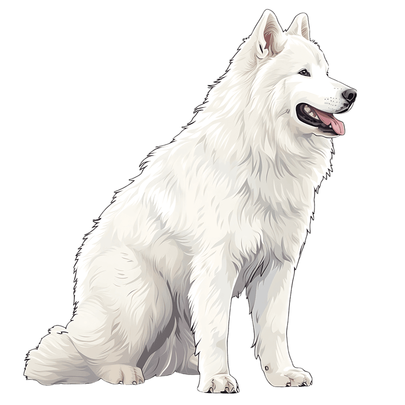 Samoyed dog portrait illustration shows a white fluffy canine sitting with an open mouth against black space.