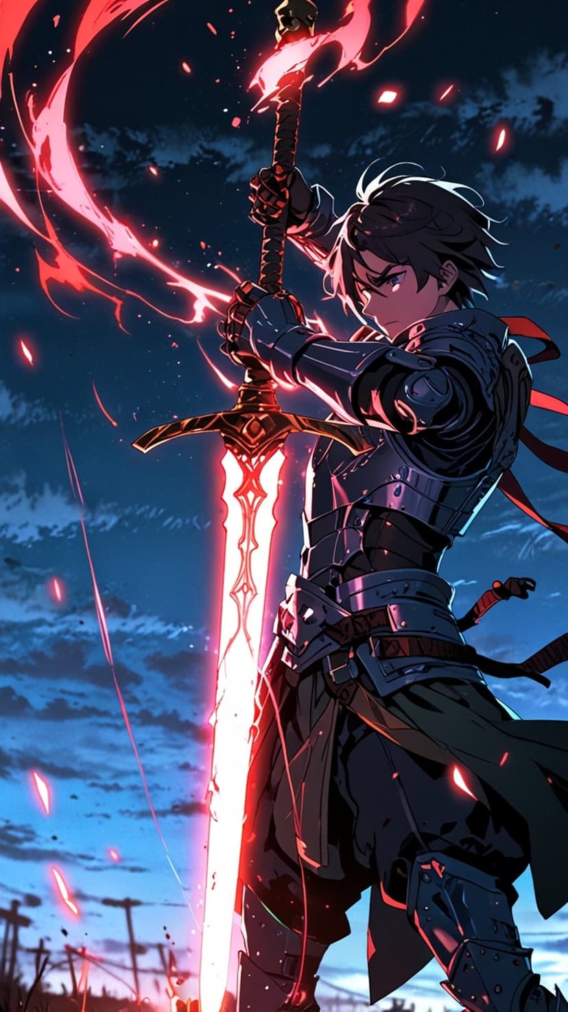 Armored warrior holding a massive glowing red sword amidst floating embers under a dark twilight sky.