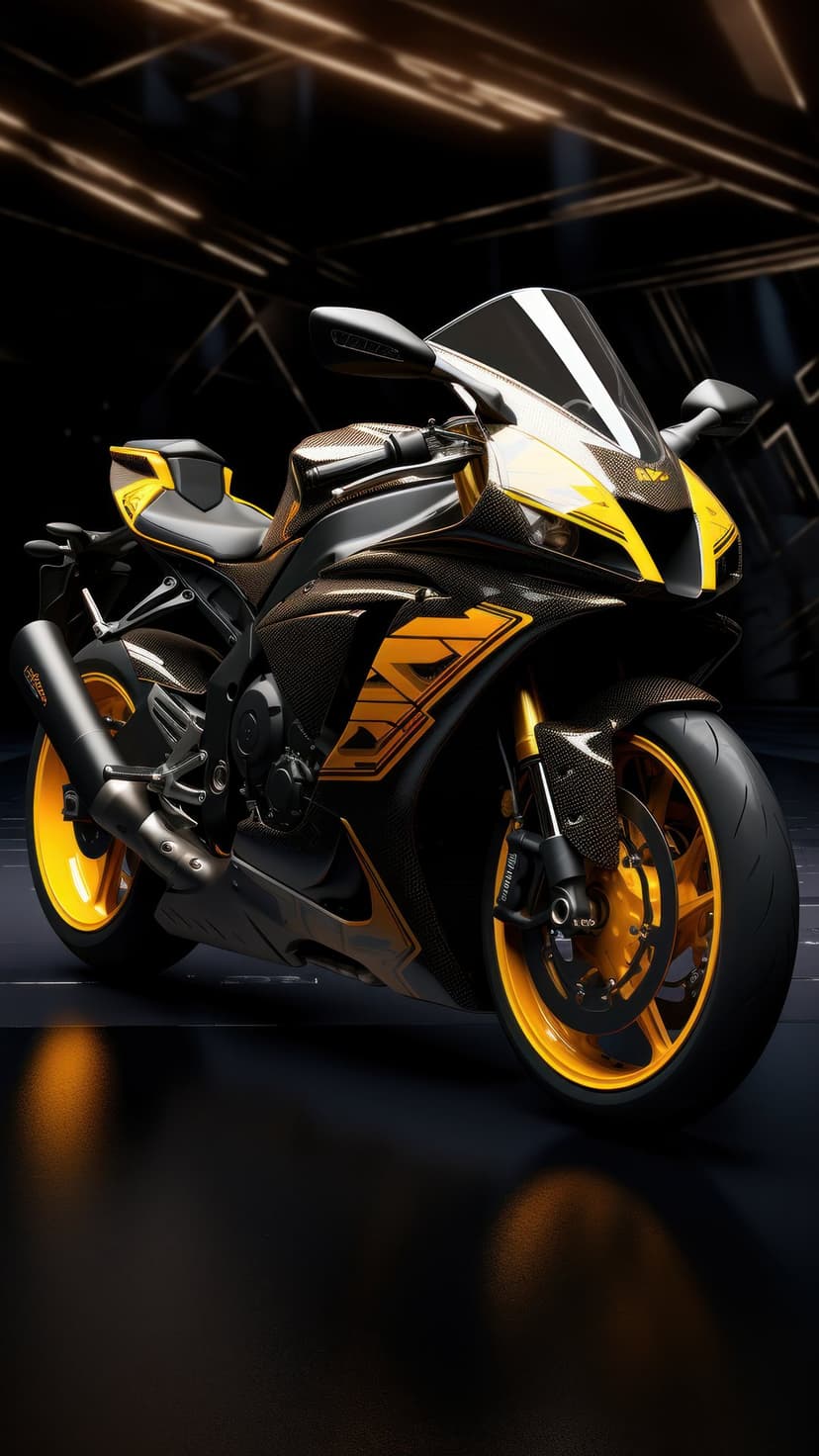 Black sportbike with gold trim and aerodynamic fairings stands in a dark studio with dramatic spotlighting.