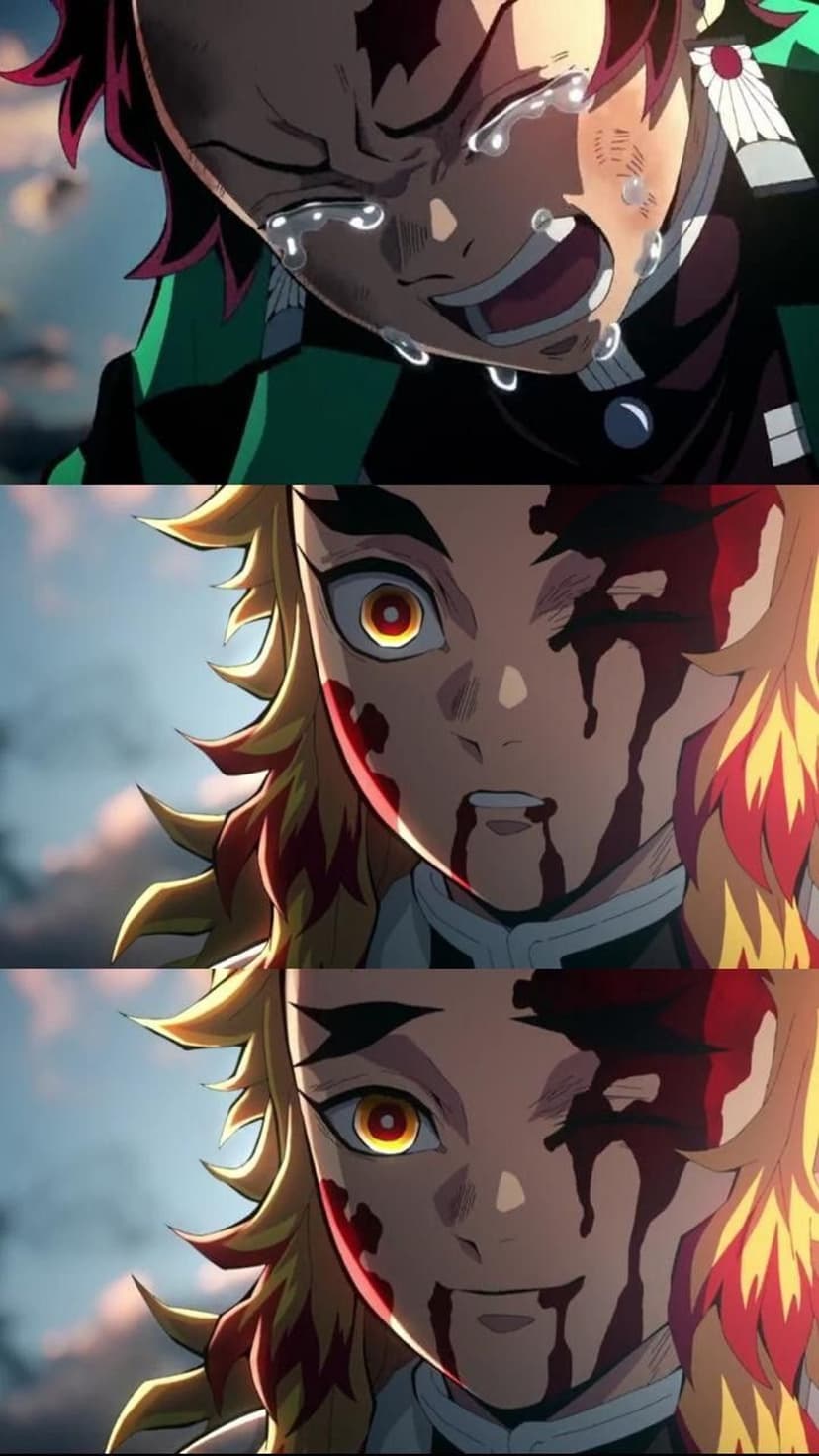 Tanjiro Kamado cries through facial bloodstains alongside a stoic, wounded Kyojuro Rengoku in three anime panels.