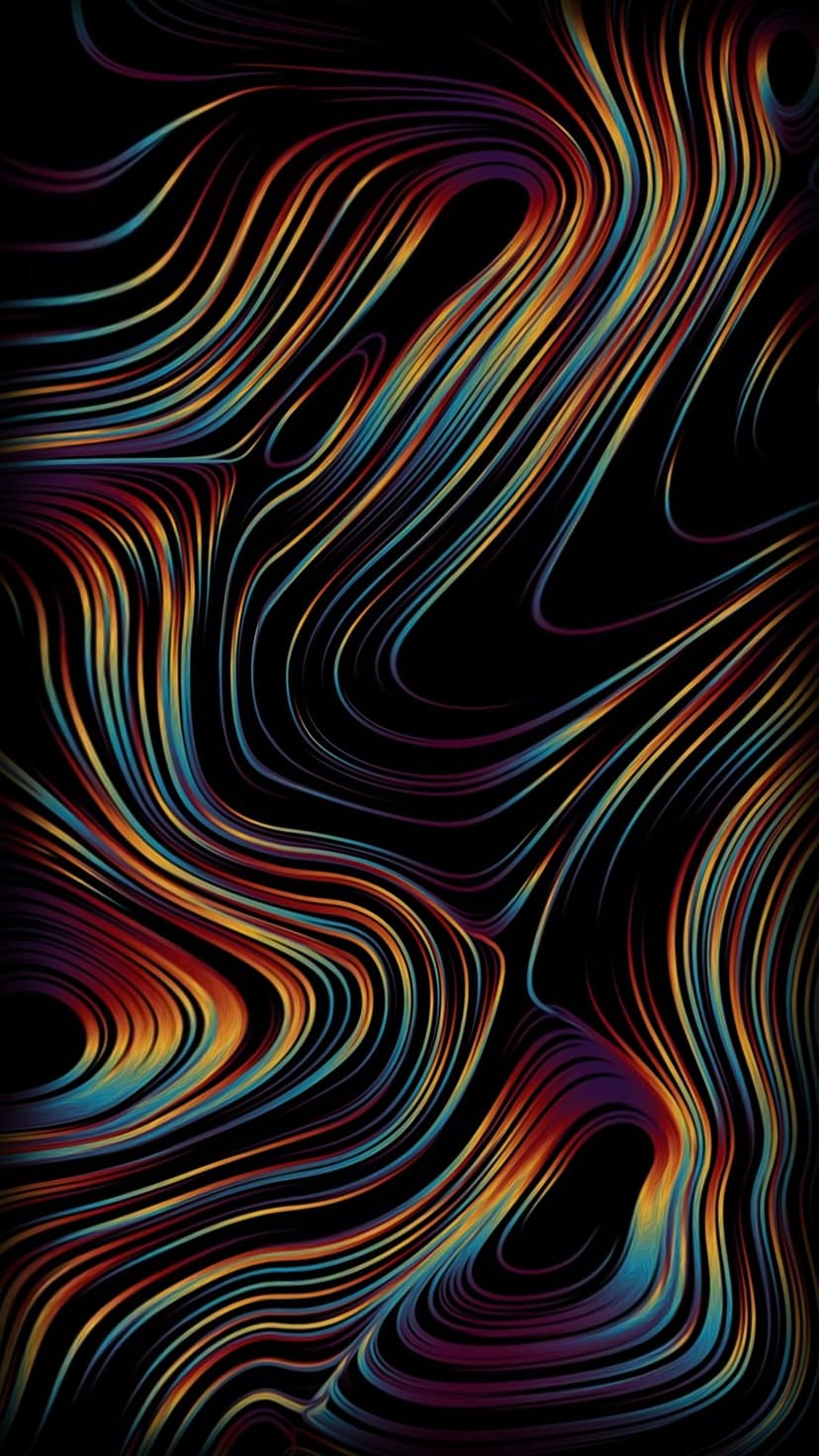 Luminous red, blue, and purple flowing lines curve across a black background with a sense of motion and depth.