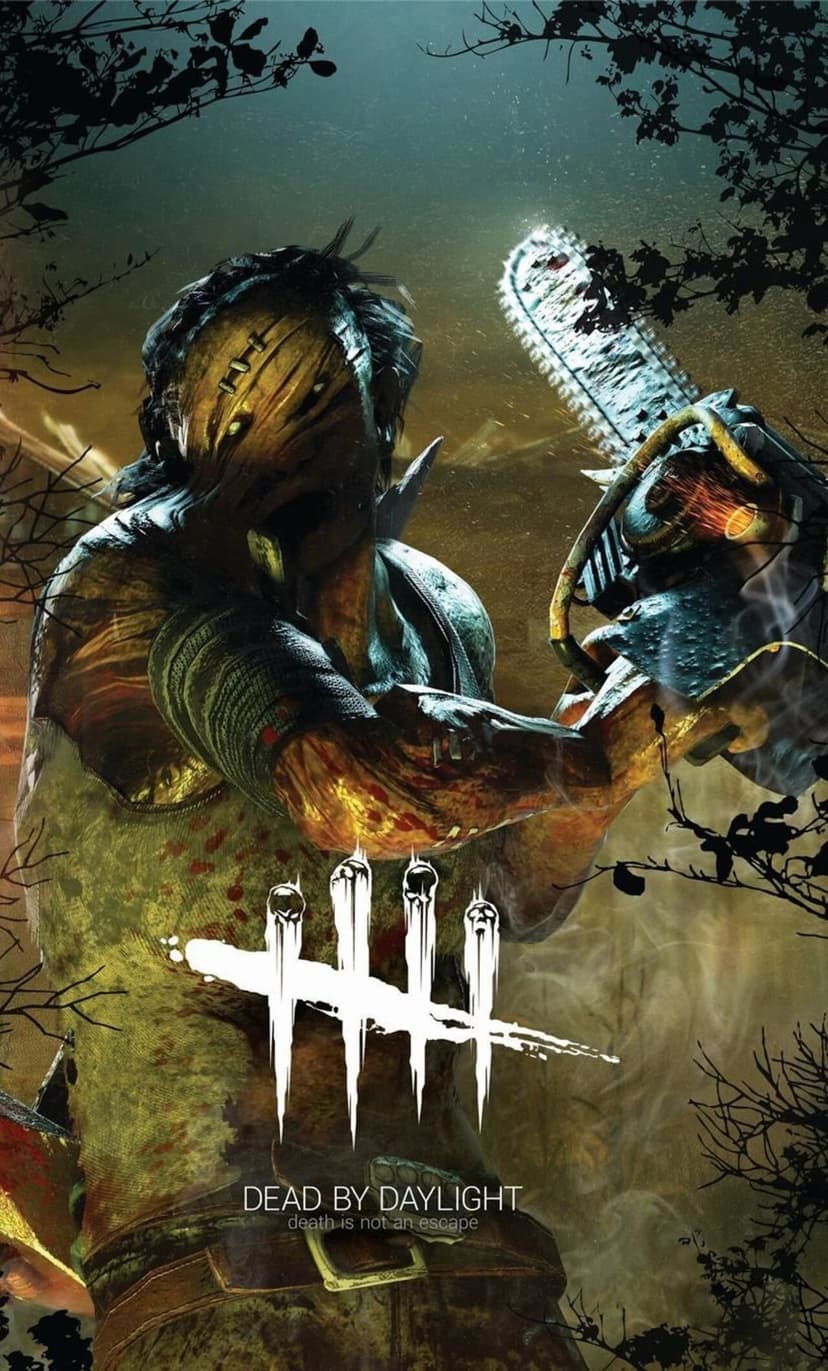 The Hillbilly from Dead by Daylight holds a bloody chainsaw in a dark, foggy forest with a grimy logo overlay.
