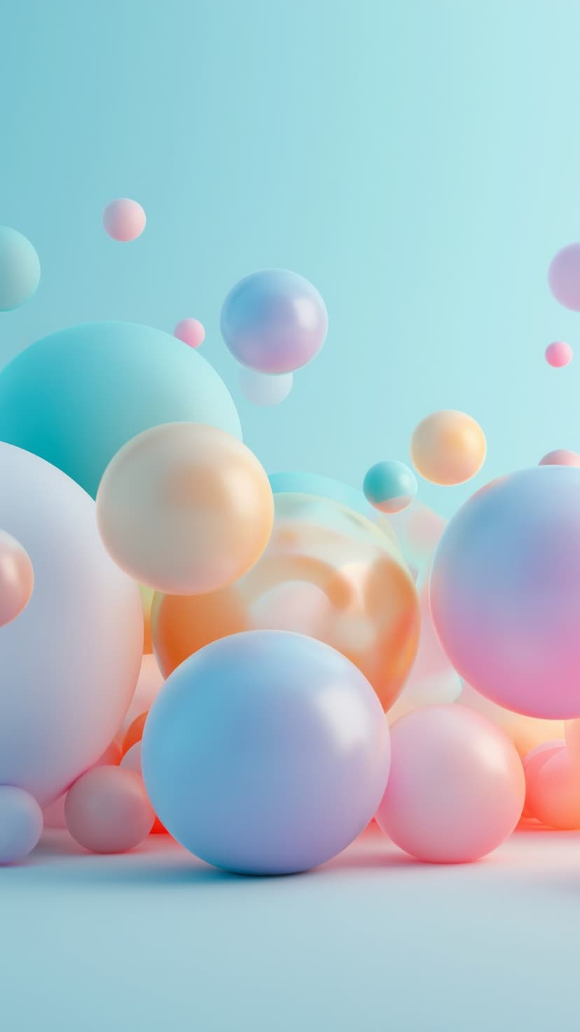 Pastel spheres in pink and orange float against a light blue background with soft shadows and 3D depth.