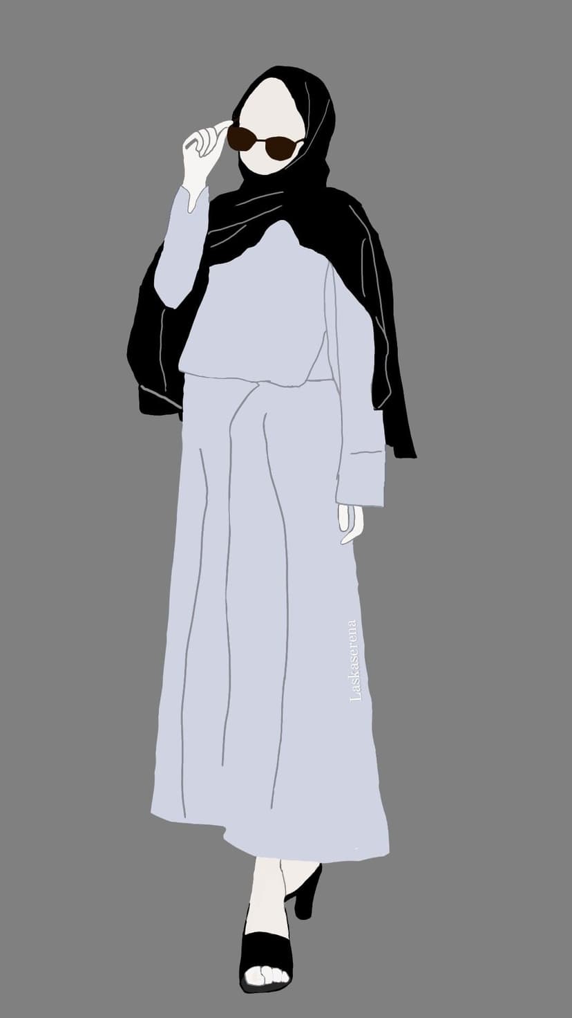 Woman in a black headscarf, sunglasses, and blue maxi skirt stands against a grey background in block heels.