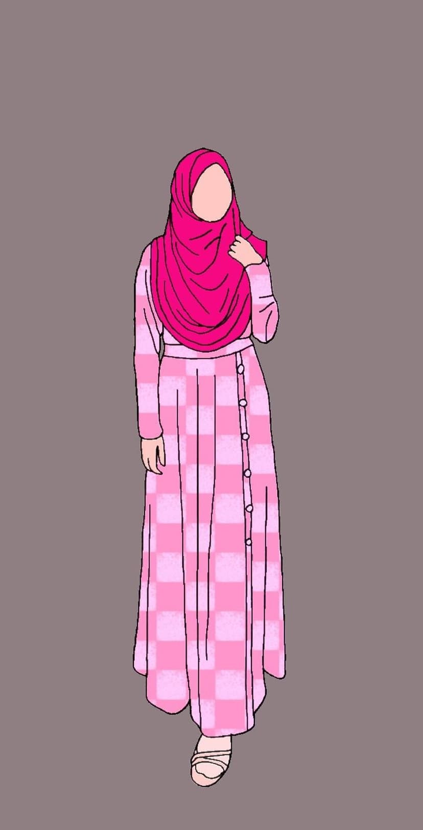 Woman in a vibrant pink hijab and buttoned checked dress standing against a solid grey background in sandals.