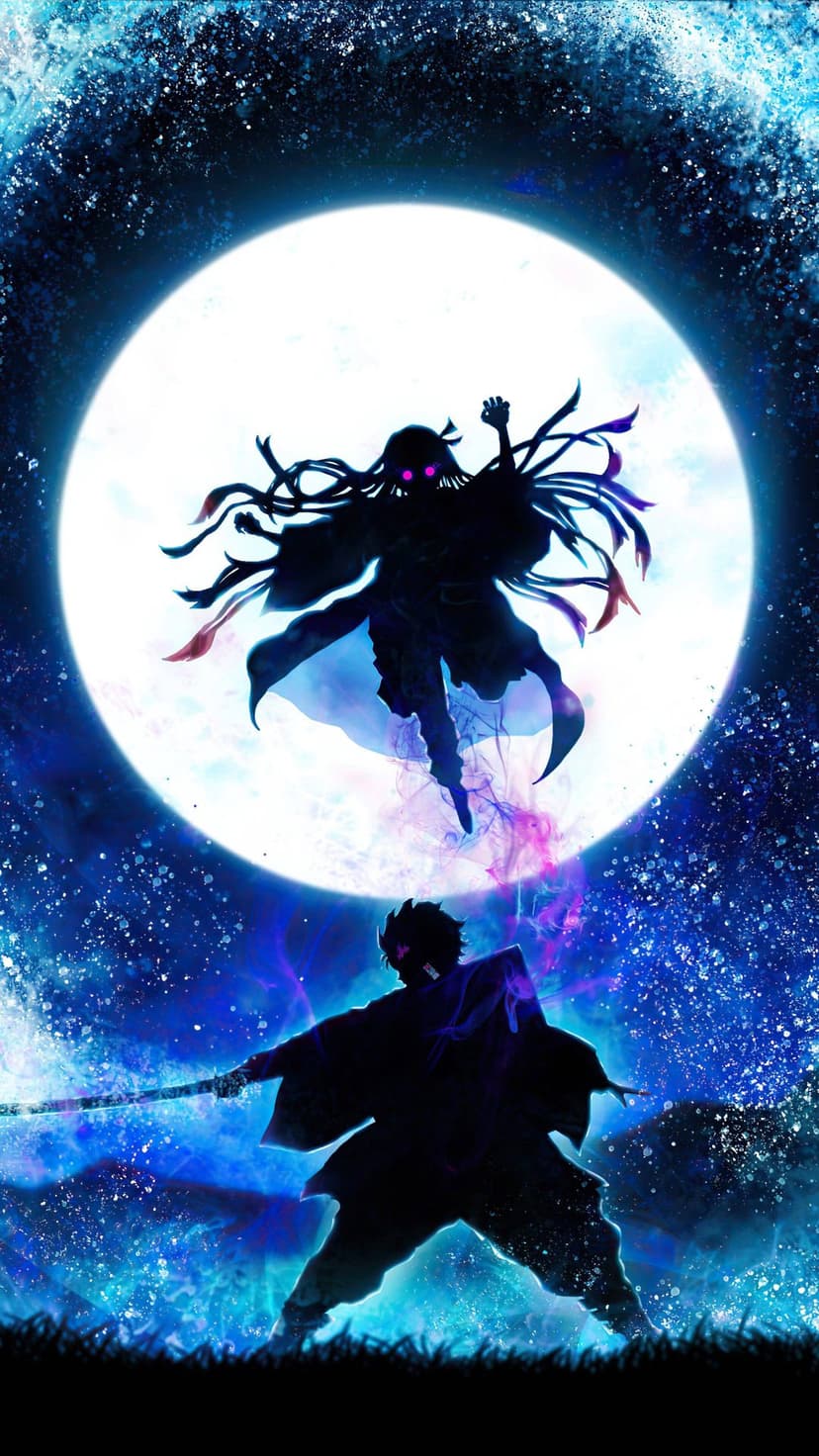 Nezuko Kamado and Tanjiro stand before a massive white moon against a swirling purple and blue starry night sky.