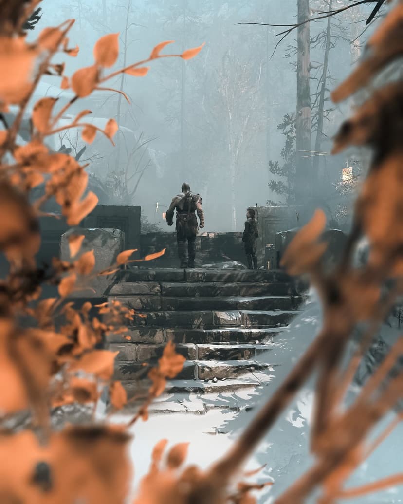 Armored warrior and small companion ascend snow-dusted stone steps in a dense, foggy winter woodland.