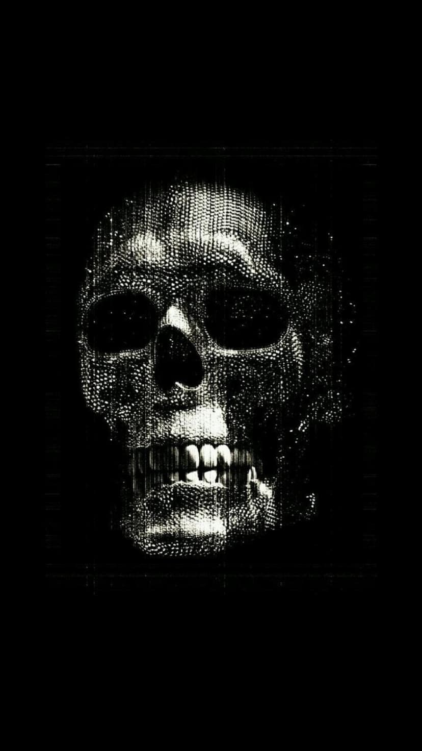Human skull rendered with white stippled dots and pixelated textures against a stark, high-contrast black backdrop.
