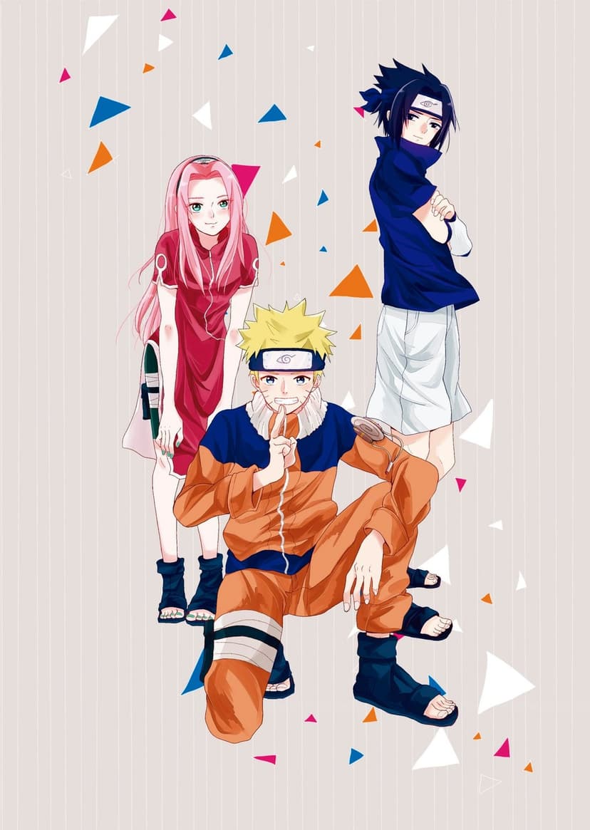 Naruto, Sasuke, and Sakura stand together in front of colorful geometric shapes on a textured light background.
