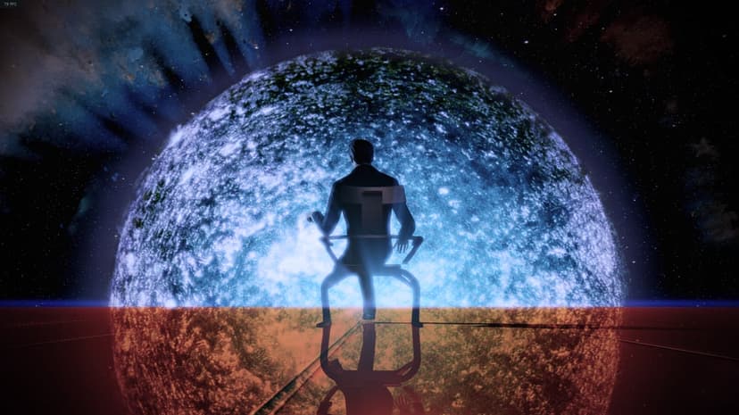 Silhouette of a man in a suit sitting in a chair facing a massive glowing blue star in a dark space environment.