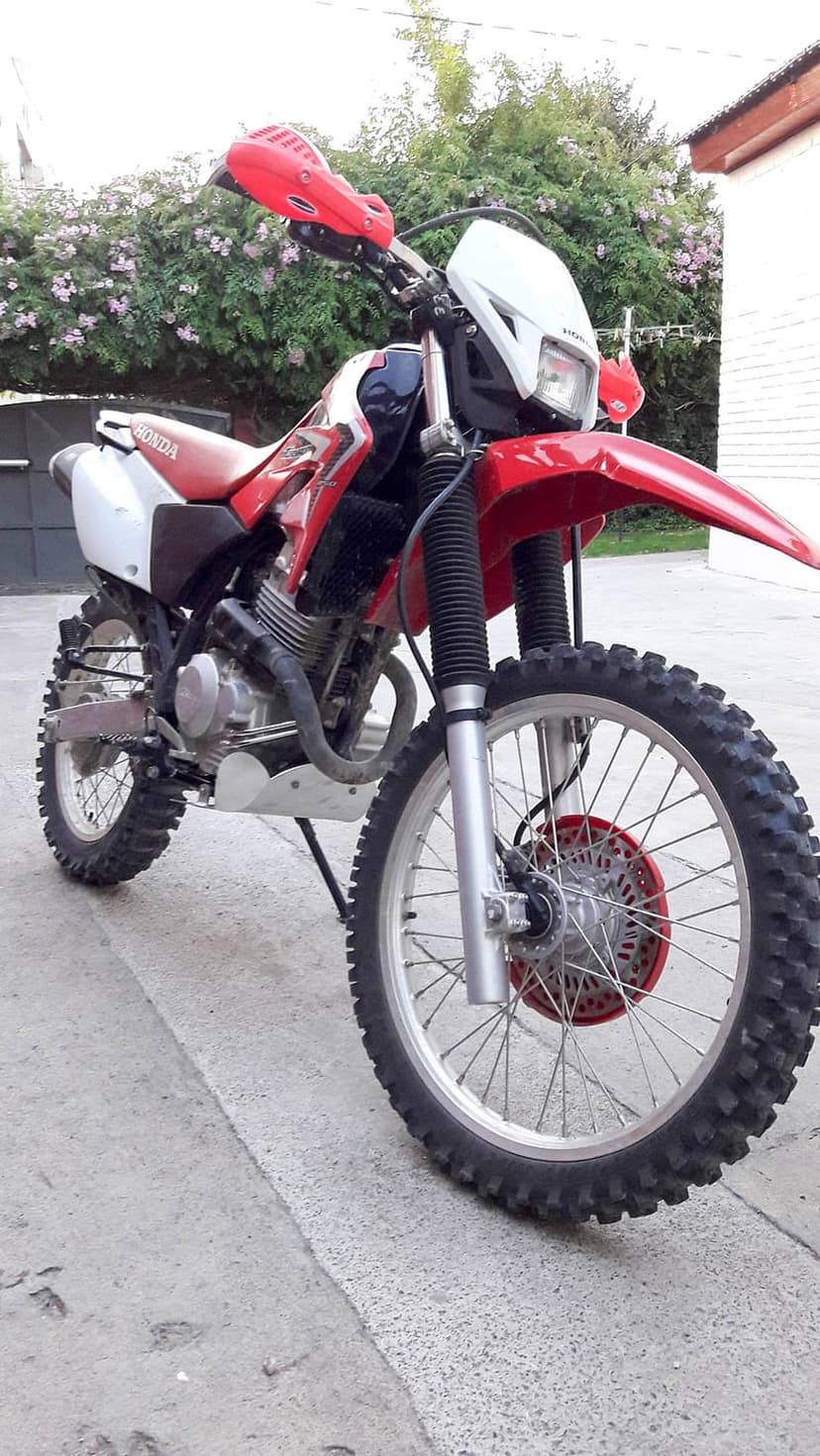 Red Honda dirt bike with knobby tires and white fenders parked on pavement with pink flowers in the background.