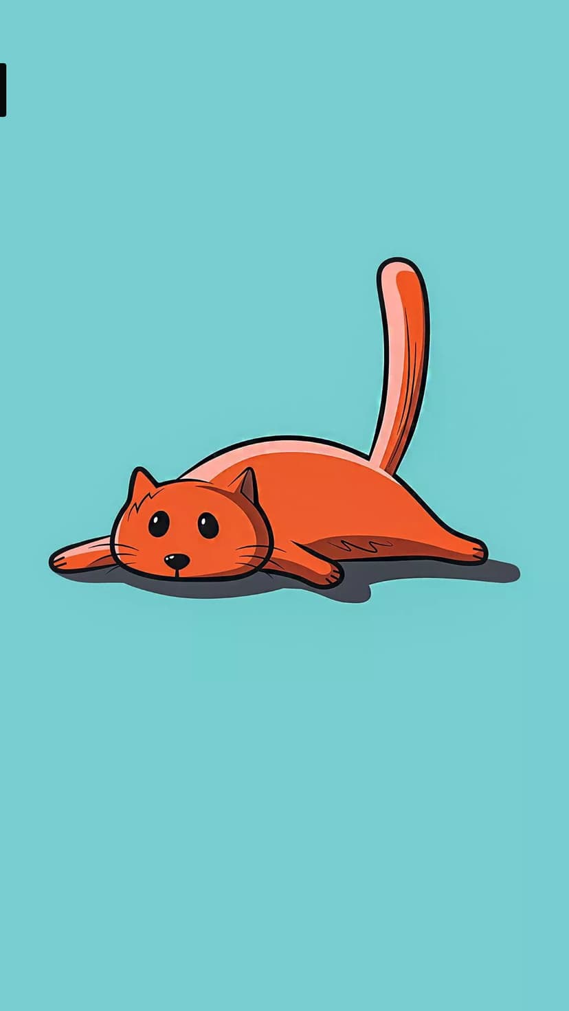 Ginger cat with large eyes lying flat on a teal background with its tail raised in a playful curve.
