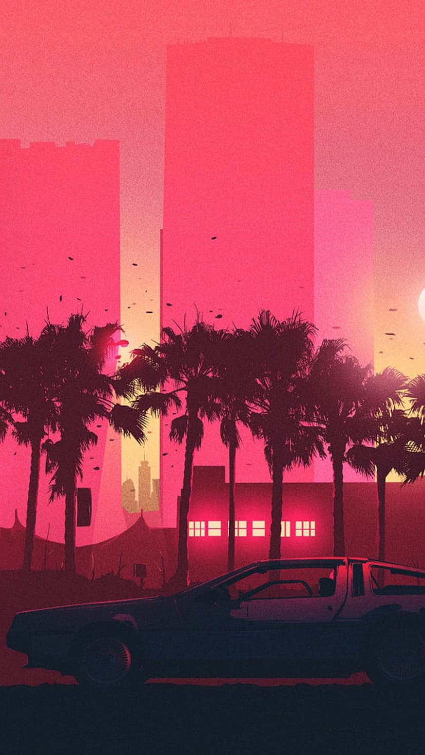Silver DeLorean car parked on a road with silhouetted palm trees and a neon pink sunset behind a city skyline.