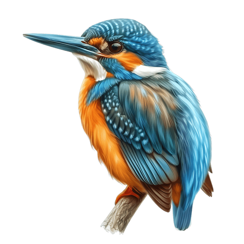 Kingfisher bird with iridescent blue feathers perches on a wood branch against a solid black background.