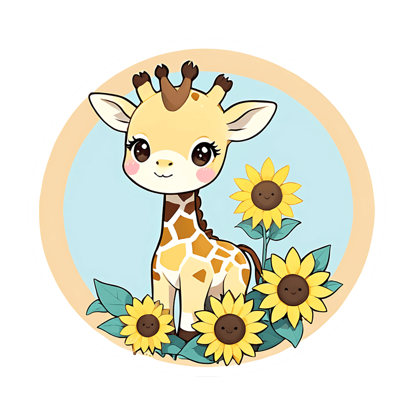 Yellow giraffe sticker illustration sits centered in a blue circle with sunflowers and a beige border.