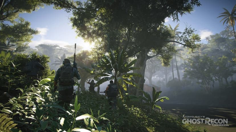 Four tactical soldiers walking through a misty tropical jungle with sunlight filtering through the canopy.