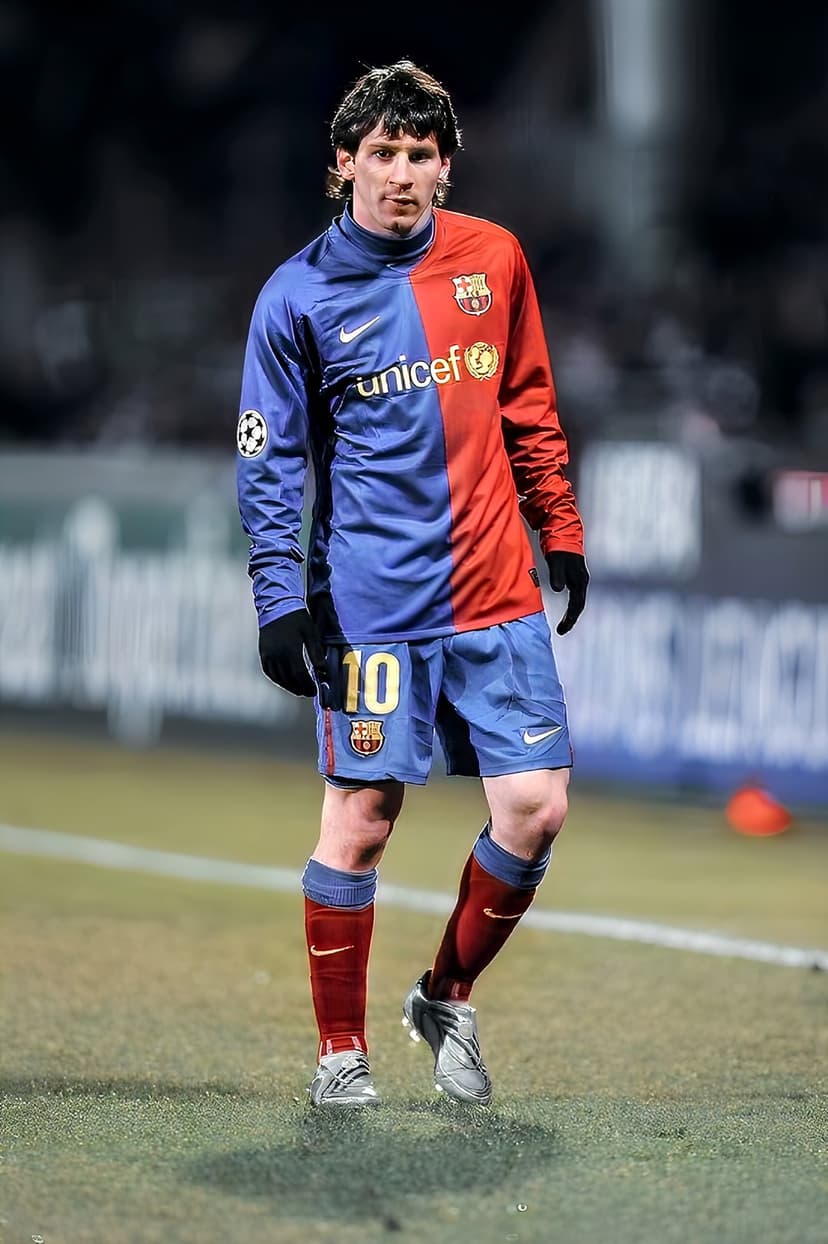 Lionel Messi stands on a football pitch wearing a 2009 Barcelona striped kit with a yellow UNICEF logo.