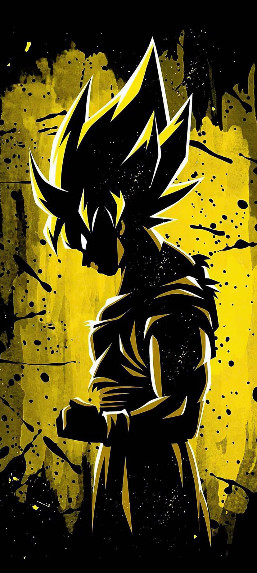 Goku in a Super Saiyan pose shown as a black silhouette against an abstract yellow and black splatter background.