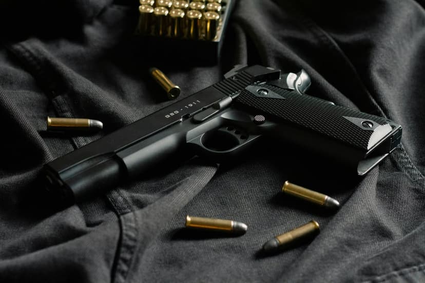 Black handgun with textured grips lying on dark rumpled fabric next to scattered brass bullets and an ammo box.