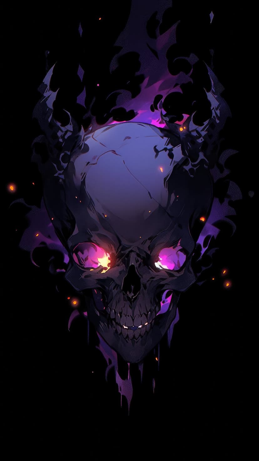 Human skull with bared teeth and glowing purple eyes surrounded by violet flames and orange embers on black.