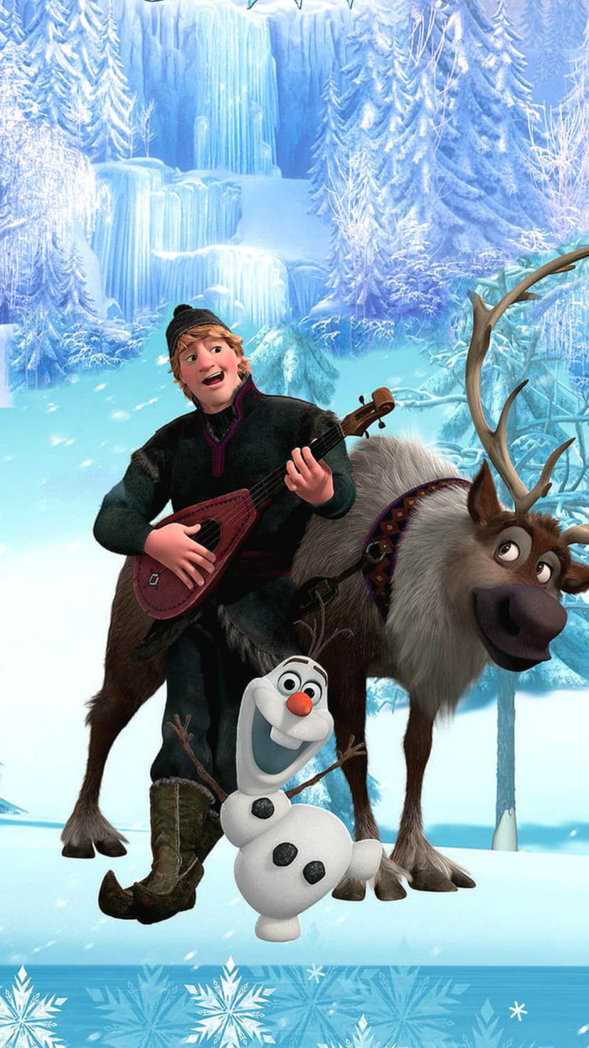 Kristoff plays a lute on Sven the reindeer next to Olaf the snowman among frozen trees and icy waterfalls.