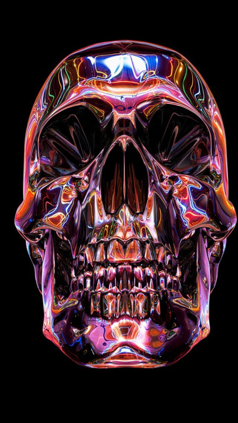 Chrome skull with iridescent neon pink and blue reflections on a black background for a vertical mobile screen.