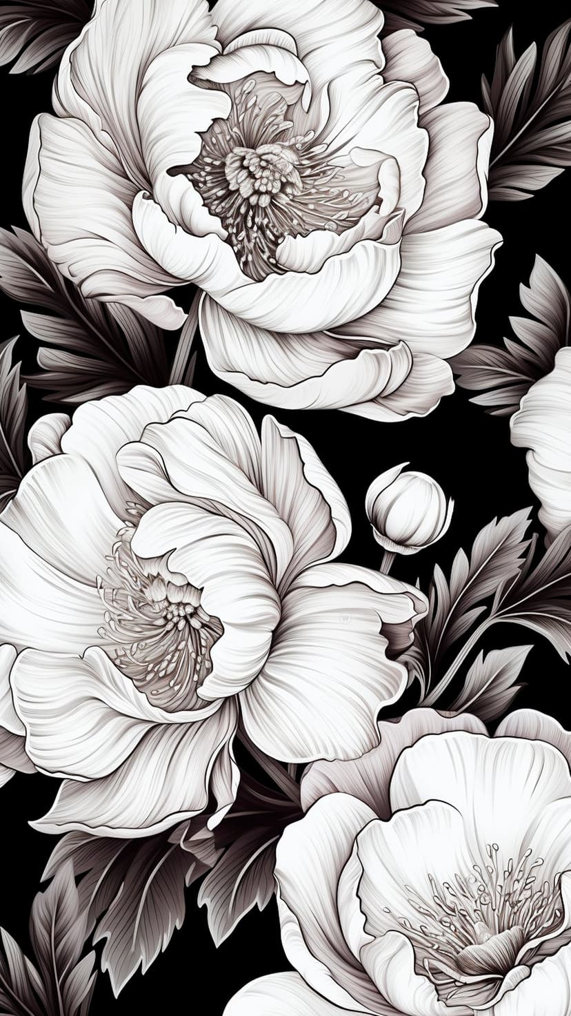 White peony flowers with intricate petals and central stamens bloom against a solid black, dark background.