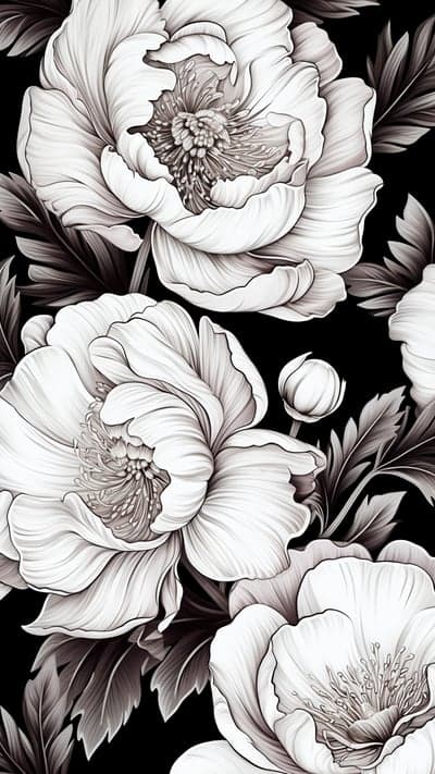 Elegant Black and White Peony Flower Art