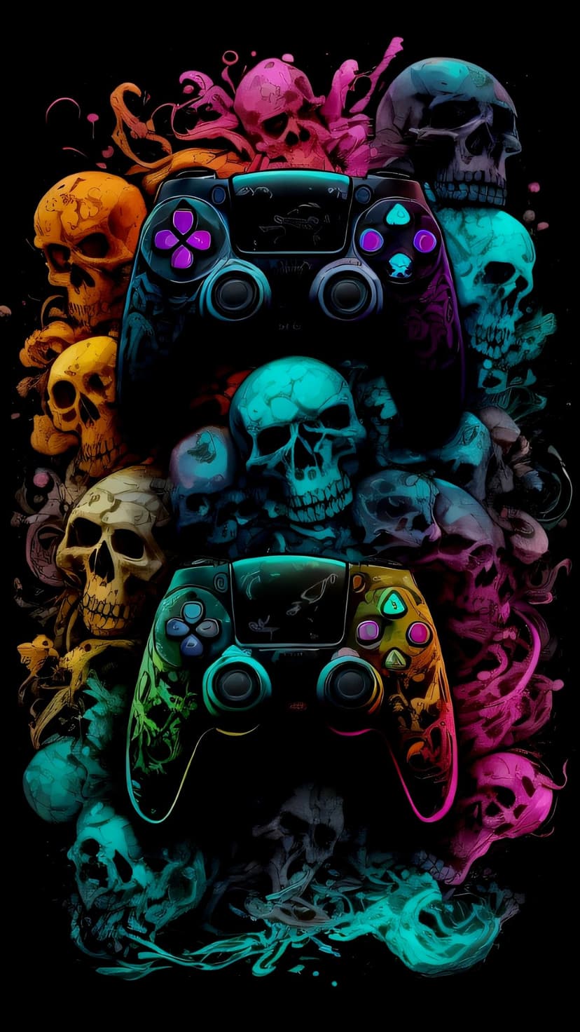Dual game controllers with glowing buttons nested among colorful smoky skulls in shades of pink and teal.
