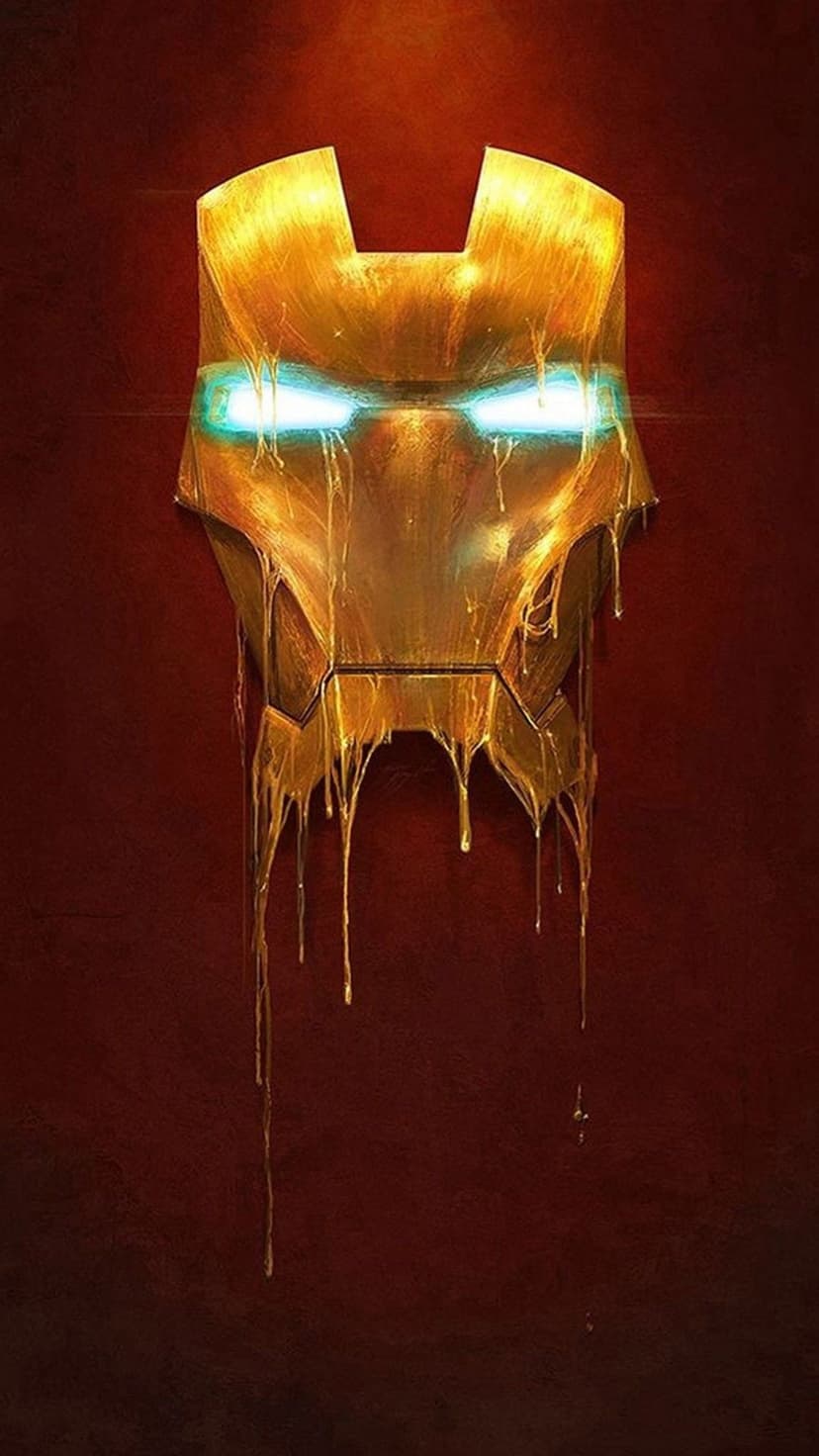 Iron Man mask with glowing blue eyes melting into liquid gold droplets against a dark red background.