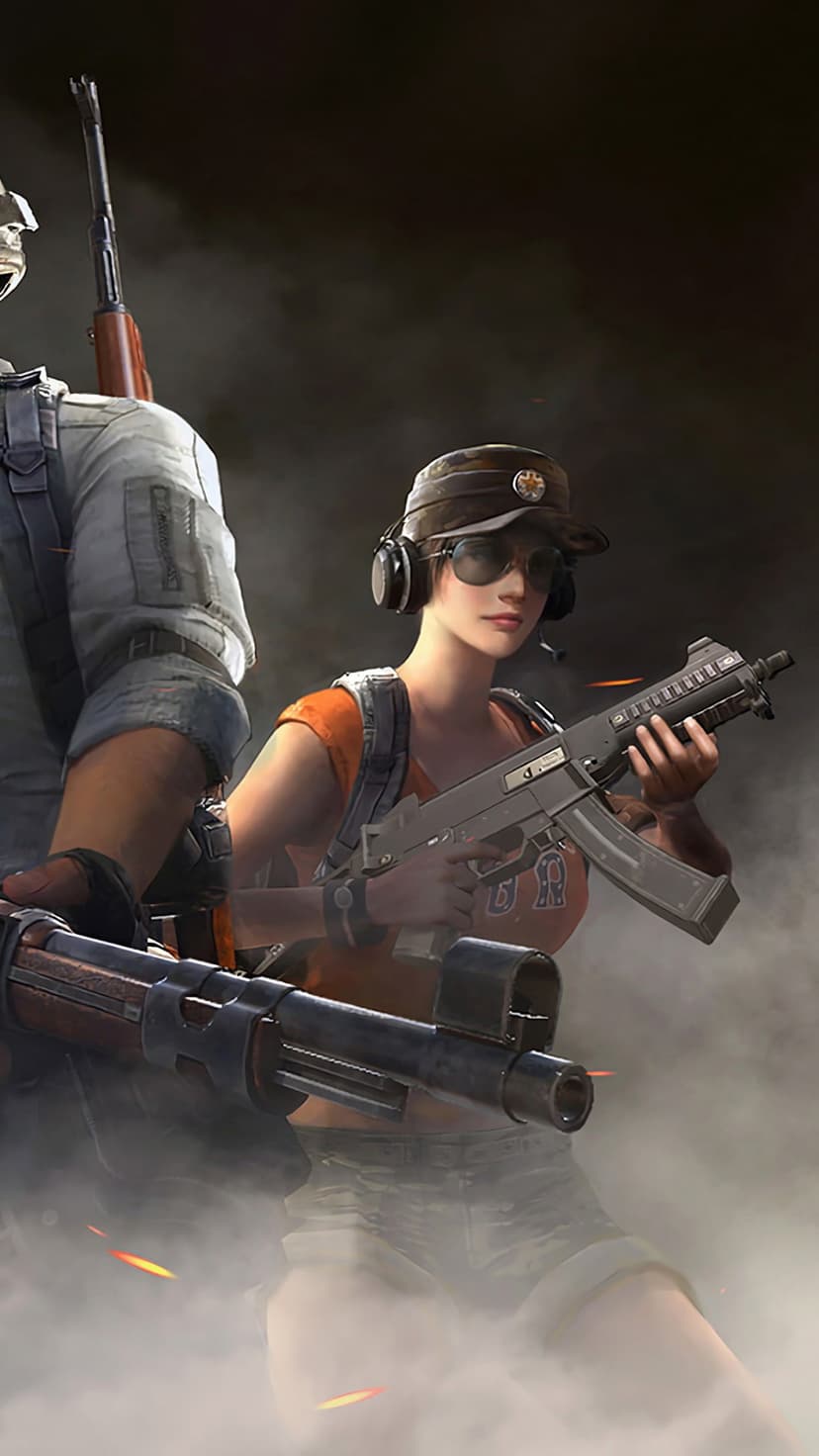 A female soldier in tactical gear with sunglasses and a male partner hold firearms in a dark, smoky environment.