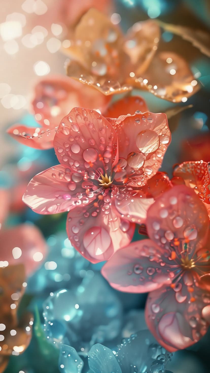 Pink cherry blossom petals glistening with clear water droplets against a soft blue and orange bokeh background.
