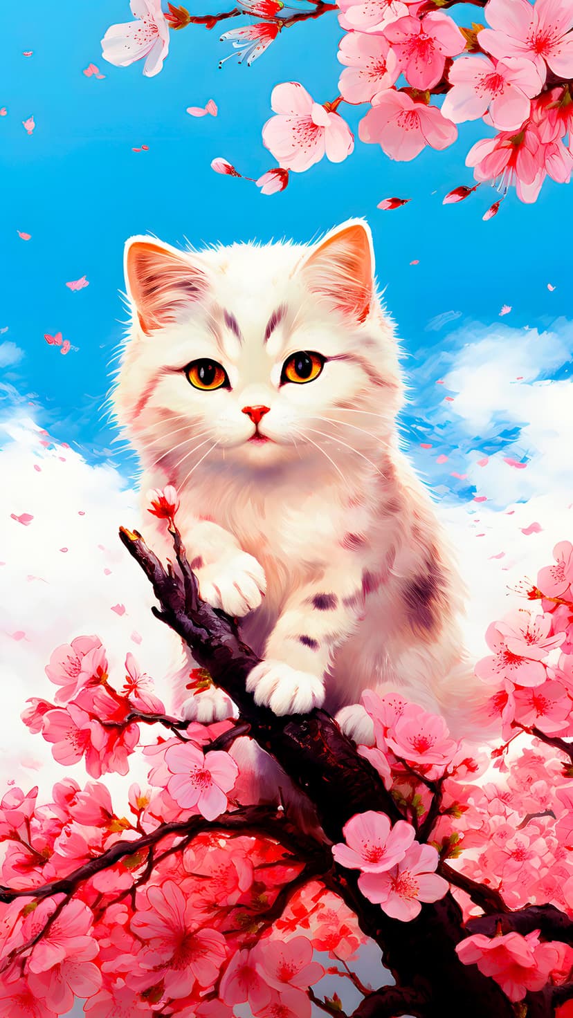 Fluffy white kitten with orange eyes sits on a cherry blossom branch against a bright blue sky with clouds.