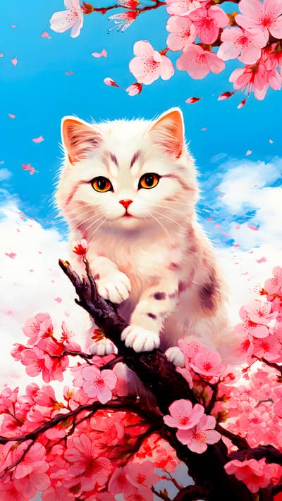 Fluffy white cat on cherry blossom branch