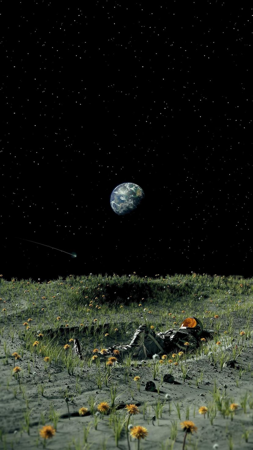 Astronaut in a white suit lying on grass with yellow flowers under a starry sky featuring Earth and a meteor.